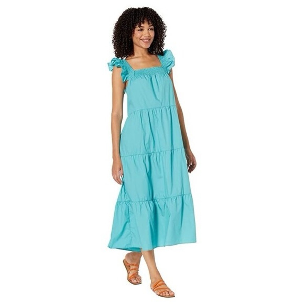 Moon river tiered cotton midi dress square neck XS blue